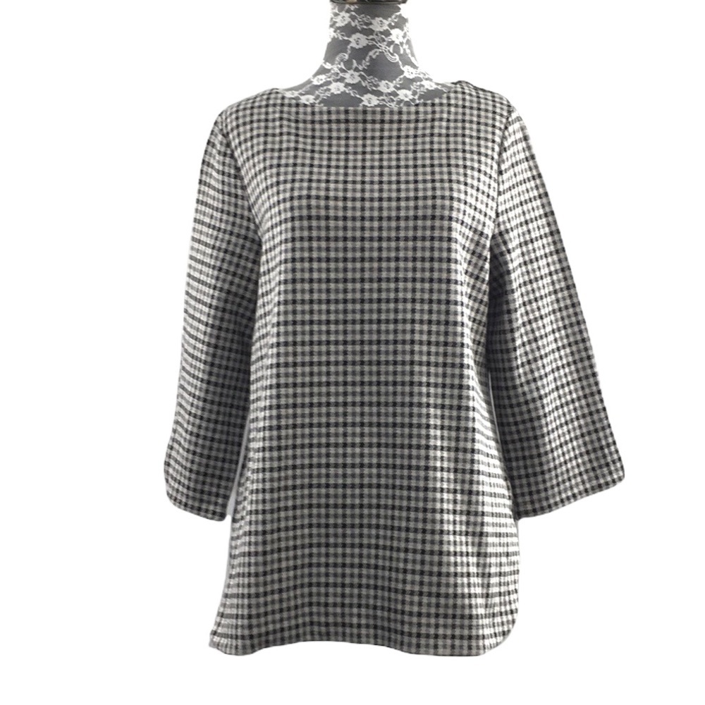 J.‎ Jill Ponte Knit Gray Black Plaid Top Womens Medium Petite Houndstooth